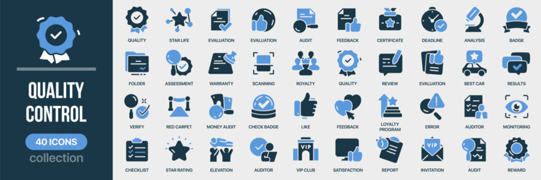 Quality control fill icon collection. Includes review, audit, certificate, checklist, verification, rating and feedback symbols. Created in colored style with blue palette