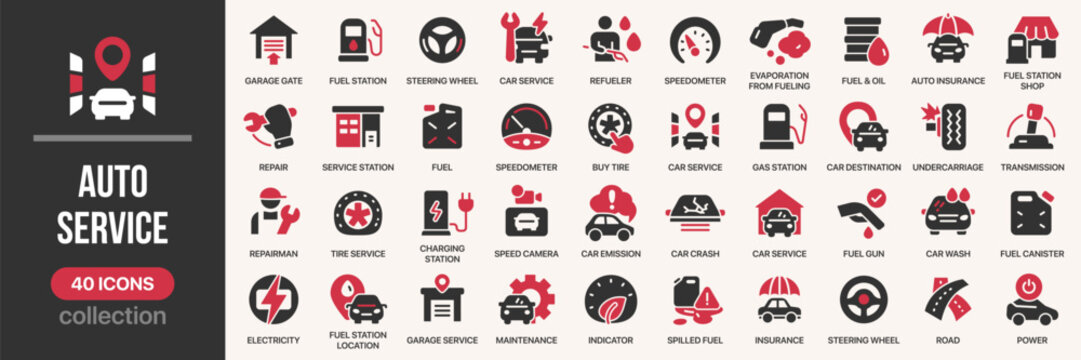 Auto service fill icon collection. Includes car repair, fuel station, garage, insurance, maintenance, speedometer and oil symbols. Created in colored style with red and dark palette