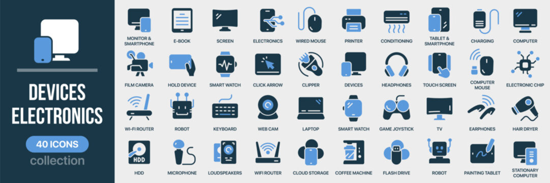 Devices and electronics fill icon collection. Includes laptop, smartphone, printer, router, smartwatch, chip and gadget symbols. Created in colored style with blue palette