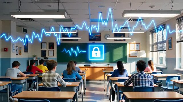 Students sitting at desks in a classroom setting, focused on a digital screen displaying a padlock symbol, signifying security or privacy