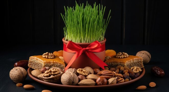 Novruz holiday still life with green semeni wheat grass, traditional baklava pastry and assorted nuts on dark background, Persian spring equinox celebration