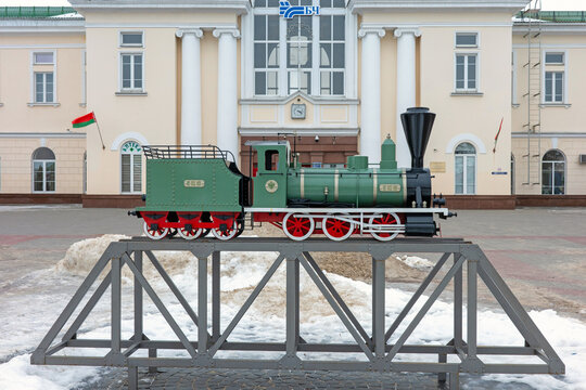 Baranovichi, Brest Region, Belarus - February 14, 2026: A detailed replica of an old steam locomotive.