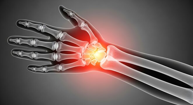 X-ray view of a wrist with highlighted bone fracture from a fall injury in medical illustration