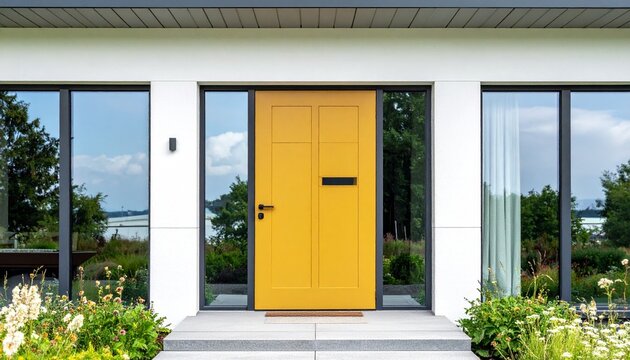 Modern House Entrance with Yellow Door and Glass Windows