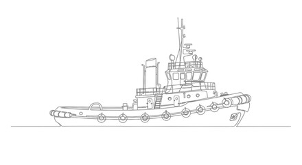 Fototapeta premium Detailed line drawing of a modern tugboat, side view, illustrating its robust design and maritime utility.