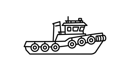 A simple black and white line drawing of a tugboat with fenders along its side, viewed from the starboard side.
