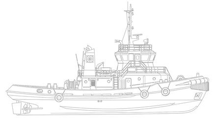 Detailed line drawing of a modern tugboat, showcasing its robust design and various maritime features.