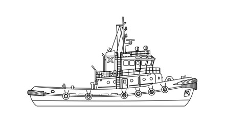 Detailed line drawing of a tugboat, side view, black and white illustration.