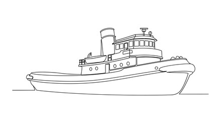 Continuous line drawing of a classic tugboat on a white background, depicting a sturdy marine vessel.
