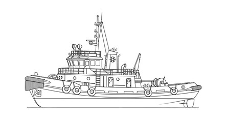 Detailed line drawing illustration of a modern tugboat, showcasing its robust design and maritime features.