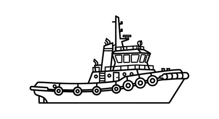 A detailed black and white line drawing of a powerful tugboat with a prominent superstructure and numerous fenders along its hull, ready for maritime operations.