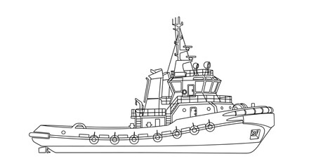 A detailed line drawing of a modern tugboat, showcasing its robust structure and navigational equipment.