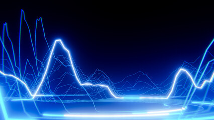 Naklejka premium Bright neon blue digital data stream flowing on dark background, representing modern technology and information flow