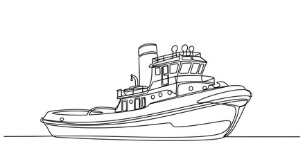Obraz premium A detailed black and white line drawing of a powerful tugboat sailing on calm waters.