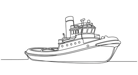 A detailed black and white line drawing of a tugboat floating on calm water.