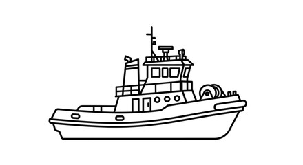 A detailed black and white line drawing of a tugboat, showcasing its robust structure and functional design.