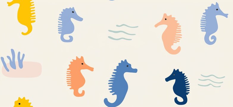 Colorful seahorses creating a playful ocean seamless pattern. Playful seahorses forming a cute children's pastel colored seamless pattern on a white background