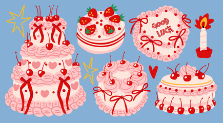 Various delicious Cakes with cherry, cream, strawberry. Sweet tasty food. Hand drawn trendy Vector illustration. Isolated design elements. Party, wedding, anniversary, celebration, birthday concept