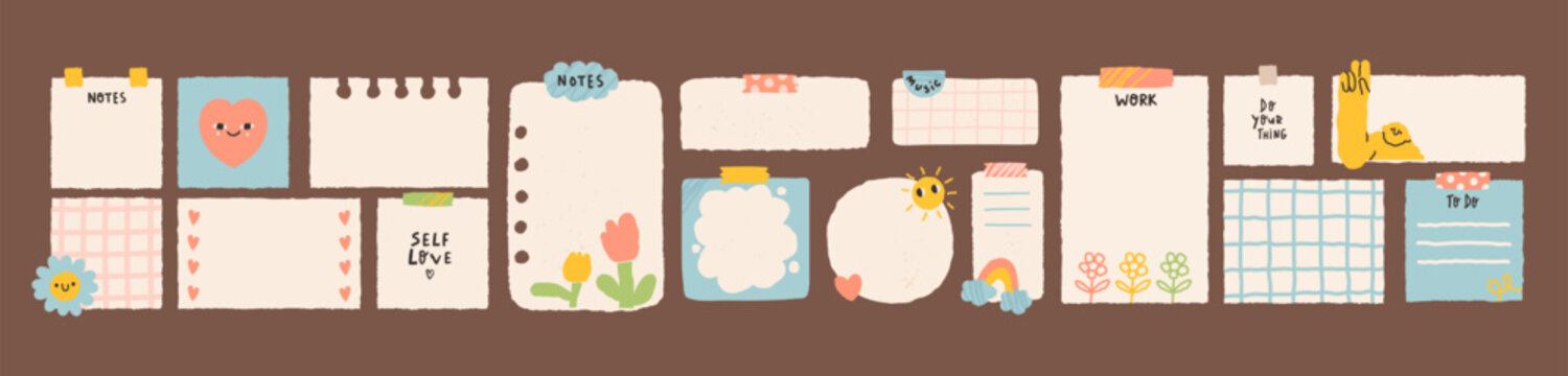 Big set of Paper notes, stickers. Information board with blank Paper sticky notes for reminders, to do list, planner, schedule. Hand drawn trendy Vector illustration. Isolated design elements