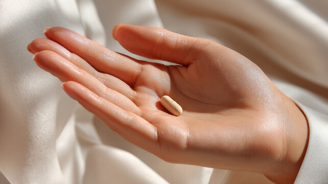 Asian woman open palm holding single beige capsule with soft light on skin, health and wellness concept