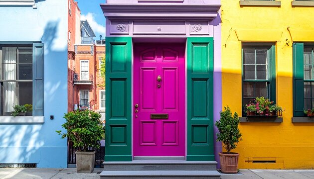 Colorful Building Facade with Pink Double Door