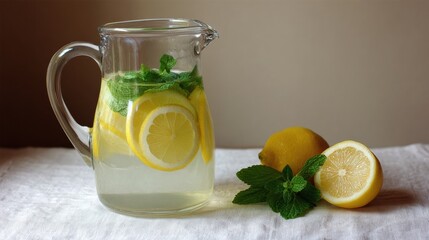 Fototapeta premium Minimal studio pitcher with lemon slices and mint on neutral background, clean composition with copy space for product use, commercialready fresh styling for mockup and advertising.