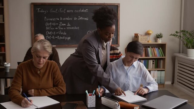 African American female teacher helping senior students with study materials while guiding them through academic lesson in modern classroom