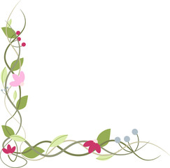Fototapeta premium Whimsical corner border of intertwining green vines, delicate pink and dark red flowers, and clusters of pale blue berries, decorative vector illustration for spring themed stationery and invitations.