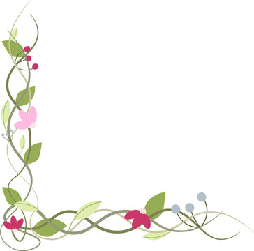 Whimsical corner border of intertwining green vines, delicate pink and dark red flowers, and clusters of pale blue berries, decorative vector illustration for spring themed stationery and invitations.
