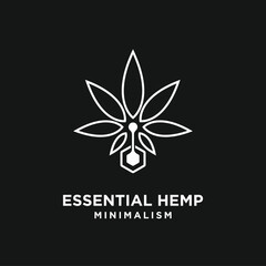 Minimalist Essential Hemp logo featuring a stylized cannabis leaf and a hexagonal extract icon, modern line art graphic on a black background.