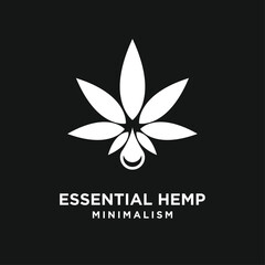 Essential Hemp minimalist logo featuring a stylized white cannabis leaf with an oil droplet design on a black background, ideal for natural extract and wellness branding.