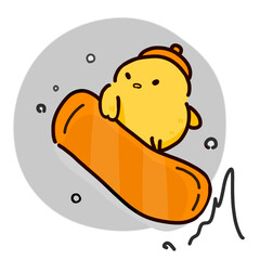 スノーボードを楽しむひよこのイラストアイコン(グレー背景) © 故郷