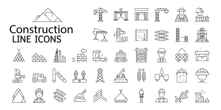 Construction line icons collection presenting heavy machinery building tools site equipment and engineering symbols for industrial projects