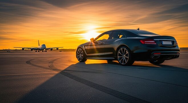 Luxurious black car waits on tarmac near airplane at sunset. Executive transportation service for business travelers, offering premium airport shuttle experience