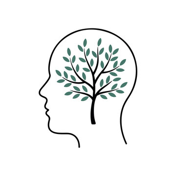 Silhouette of a human head with a green tree growing inside symbolizing growth nature and mental well being in a minimalist style