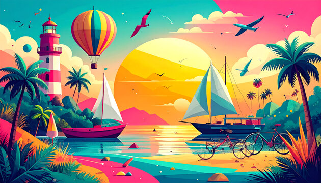 Colorful seascape illustration with sailboat hot air balloon and lighthouse