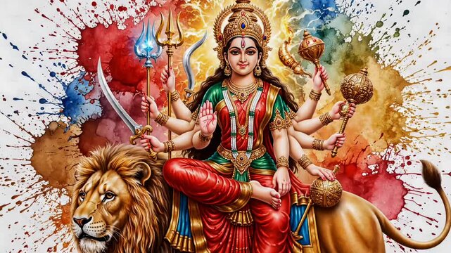 Durga puja navratri goddess illustration with lion divine shakti energy colorful sacred art background for chaitra navratri hindu spiritual festival use
