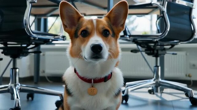 A playful corgi sitting in an office space surrounded by modern furniture and bright natural light streaming in