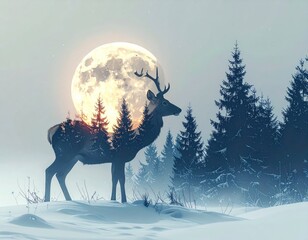 Naklejka premium Deer silhouette moonlit forest