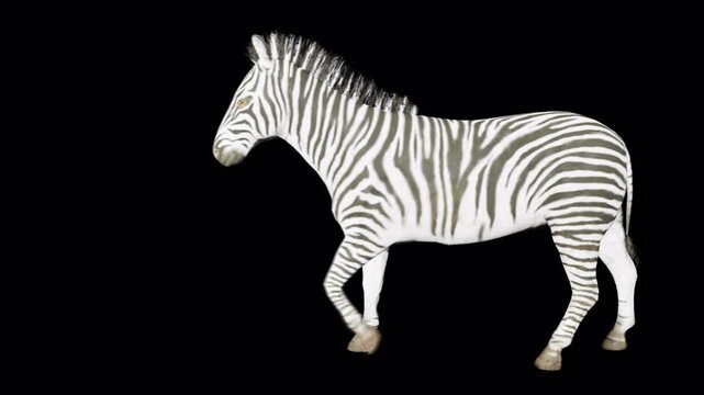 A white and black striped zebra walks across a dark background in a 3D animated loop, showcasing its distinctive pattern and graceful movement. isolated on Transparent Background