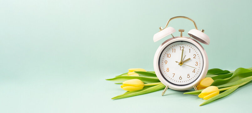 Switch to daylight saving time in spring, summer time changeover, alarm clock with yellow tulip flowers
