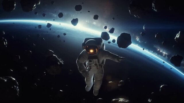 Astronaut navigates asteroid field  in space exploration scene