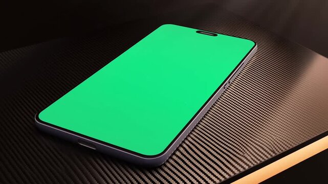 Smartphone display mockup with green screen on modern surface in dramatic lighting sequence