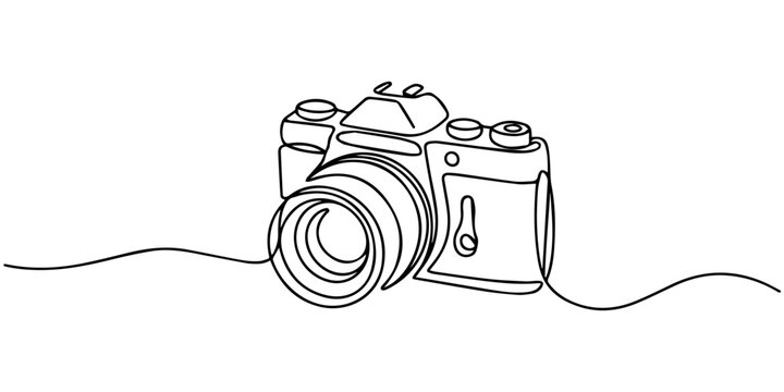 A line drawing of a digital camera on a white background, camera continuous one line art drawing, One continuous line drawing of a professional camera. camera continuous one line drawing vector