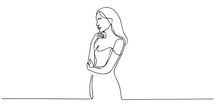 standing woman thinking continuous one line drawing, Continuous line drawing of beautiful pensive female standing looking away against. Single one line drawing of standing woman thinking. Vector.