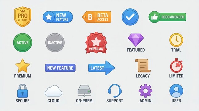 Collection of software application status and feature icons for user interface design
