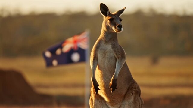 Majestic kangaroo observes nature with australian flag in background