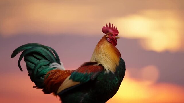 Vibrant rooster crowing at sunset with beautiful orange sky silhouette