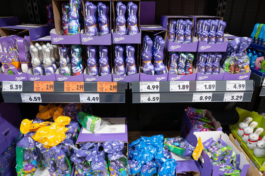 Easter holiday sweets assortment, Milka chocolate sweet bunny or rabbit and eggs, supermarket display in Trier, Germany