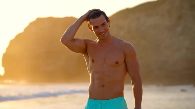 Confident man enjoying sunset beach walk in relaxed summer vibes